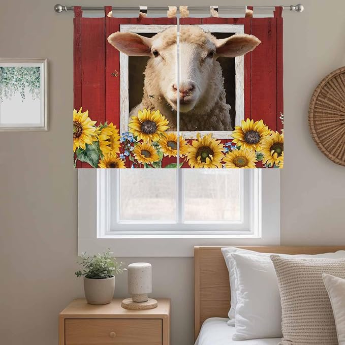 Sheep Sunflower Bedroom Curtains 63 Inch Length, Window Curtains Tab Top