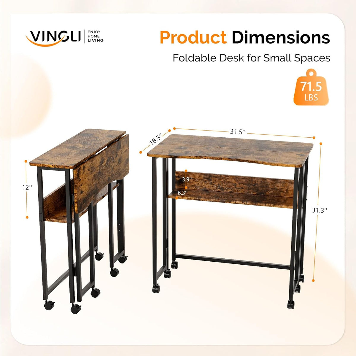 VINGLI 31.5 Inch Folding Computer Table, Small Rolling Desk with Storage Shelf, Space-Saving Sofa Table for Couch, Portable Writing Workstation Office Computer Desk, Brown