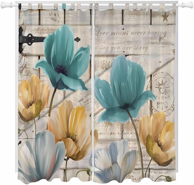 Watercolor Flowers Living Room Curtains 84 Inch Length, Window Curtains Tab Top