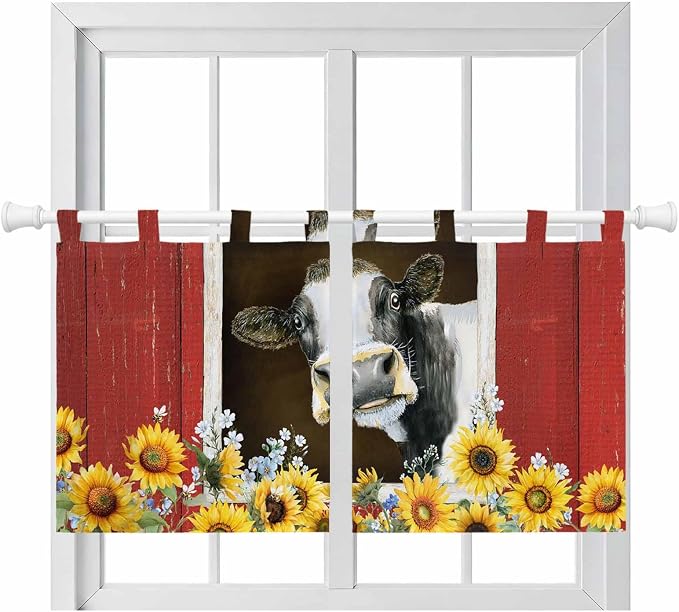 Cows Sunflowers Kitchen Curtains 36 Inch Length, Small Window Curtains Tab Top