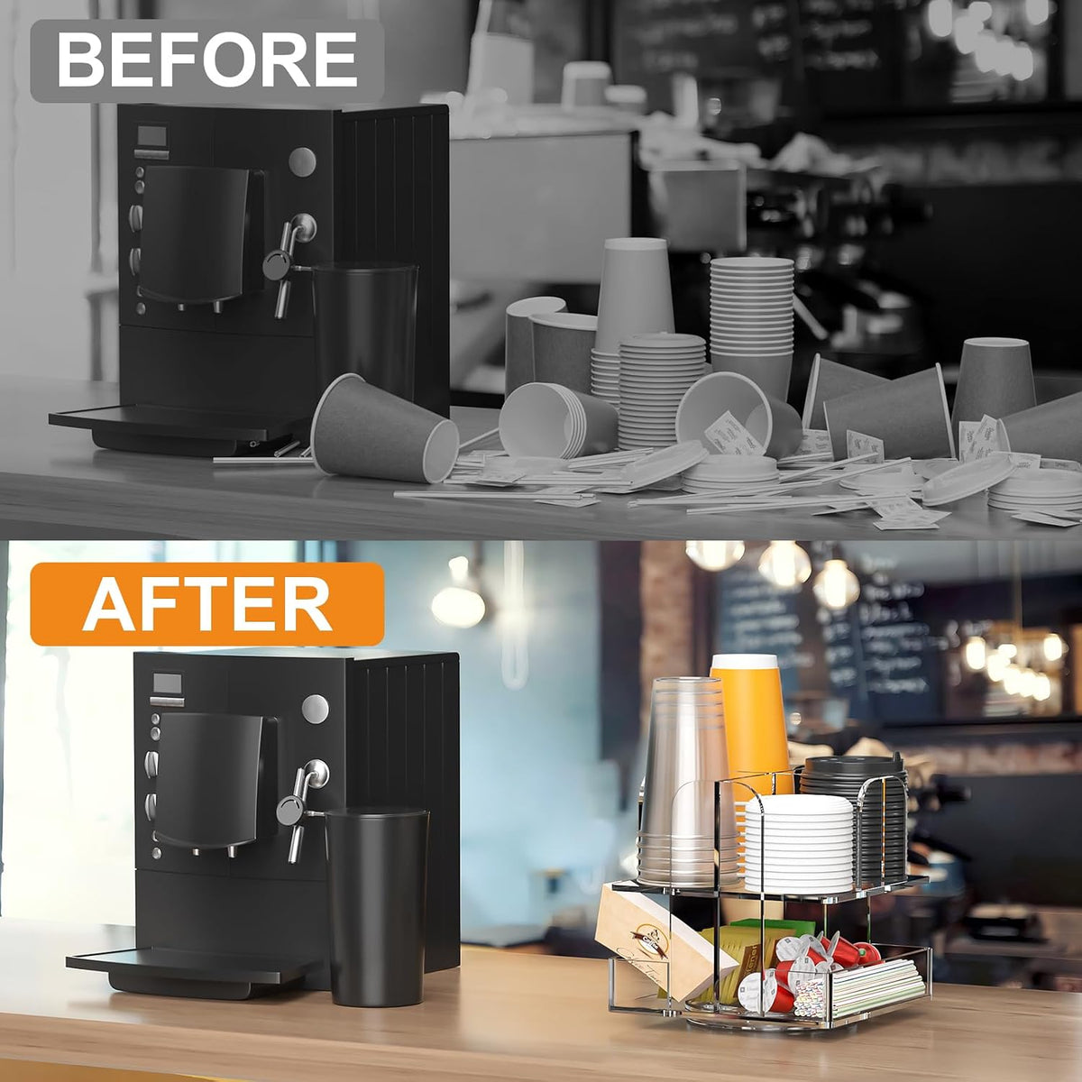 Beego Rotatable 6 Compartment Clear Acrylic Cup Dispenser - Coffee Station Cup and Lid Carousel Countertop Plastic Cup Holder for Restaurant Breakroom Coffee Bar