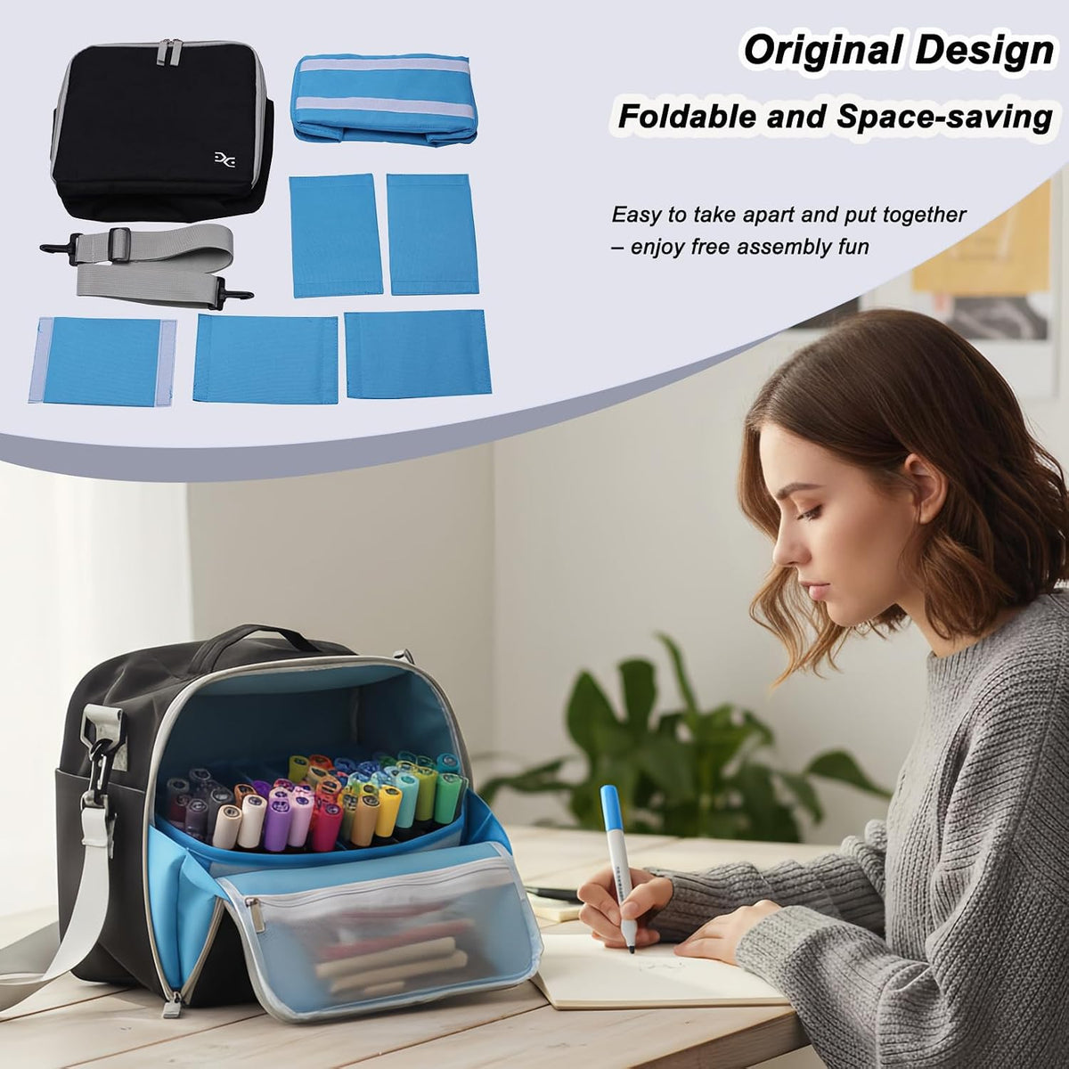 Togood Marker Organizer Bag - Large Storage Crossbody Tote for Marker Pens 130PCS+, Portable Art Supplies Case for Pens, Pencils, Books. Black