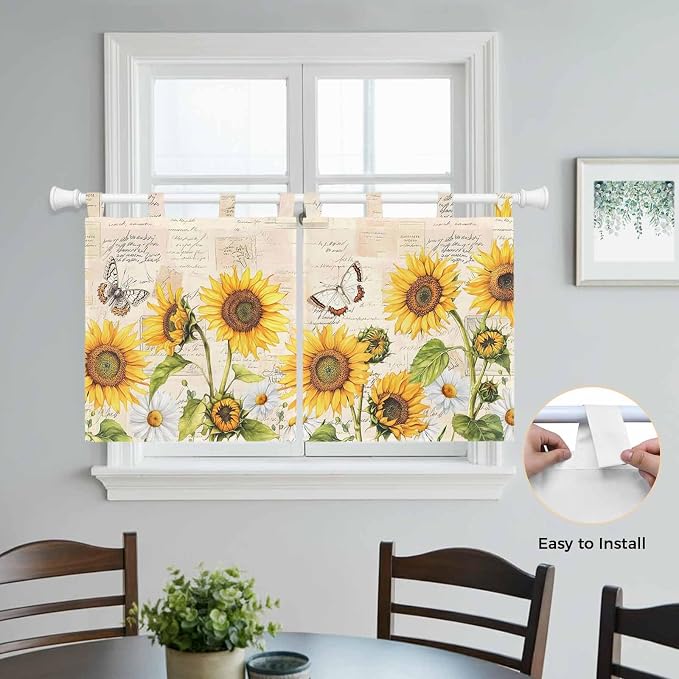Yellow Sunflowers Kitchen Curtains 24 Inch Length, Small Window Curtains Tab Top
