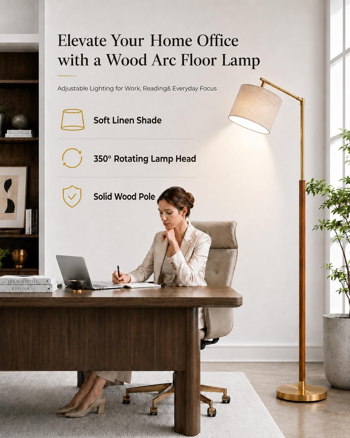 Real Wood Floor Lamps for Living Room, Mid Century Modern Arc Floor Lamp