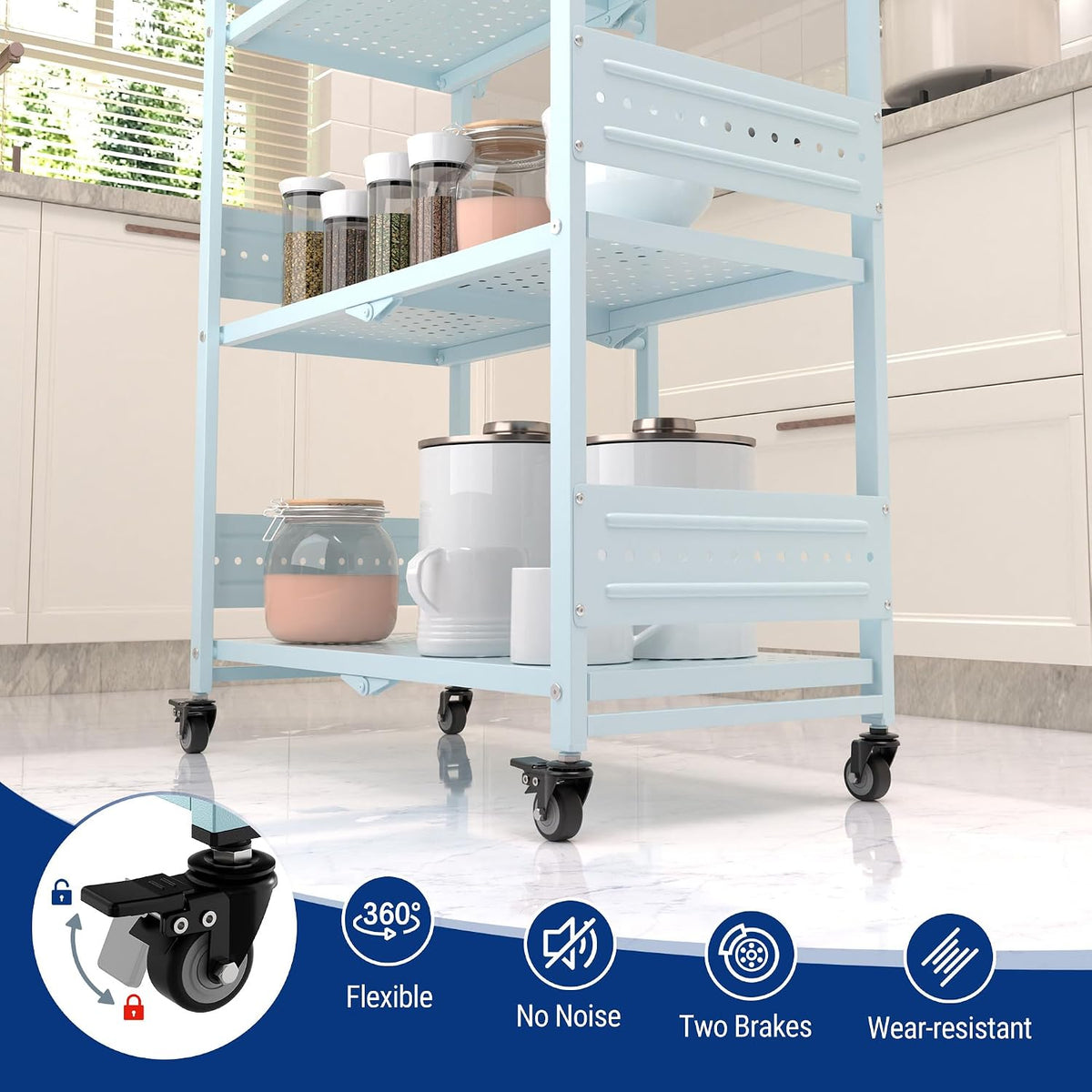 WORKPRO 5-Tier Folding Shelf, No-Assembly Metal Storage Rack with Wheels, 750 lbs Capacity (with Leveling Feet), Collapsible Shelving Unit for Kitchen, Pantry, Closet & Craft Shows - Blue