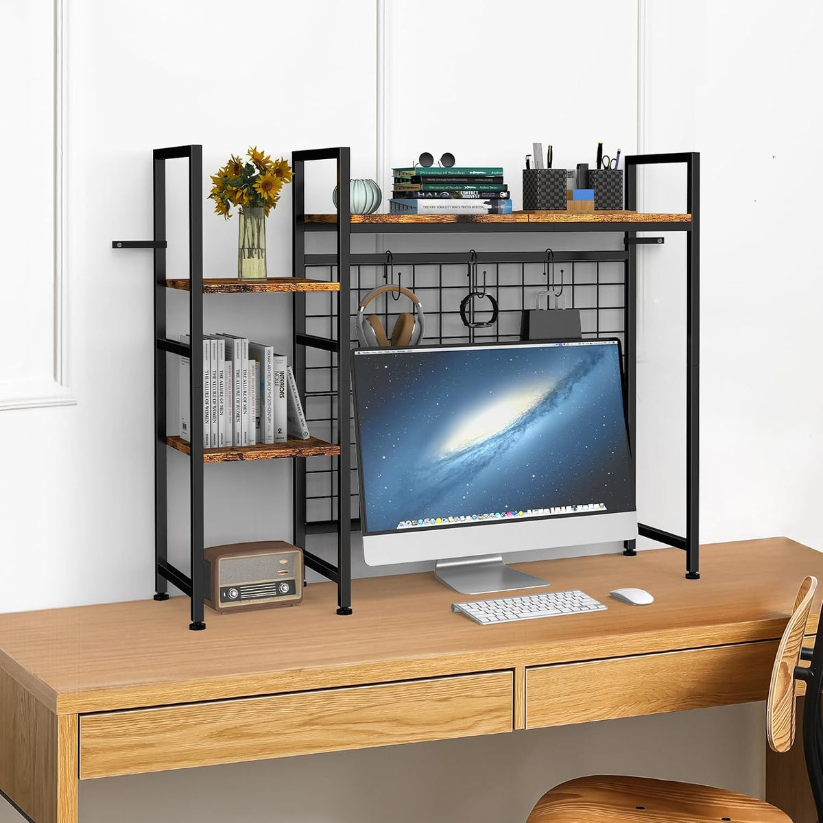 YBING Desk Shelf for Top of Desk Hutch - 4 Tier Computer Bookcase, Brown Wood Desktop Display Storage Rack Organizer for Home Office, Dorm