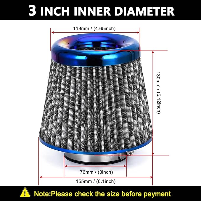Cold Air Intake Filter, High Performance, Washable Filter, Clamp-On Replacement