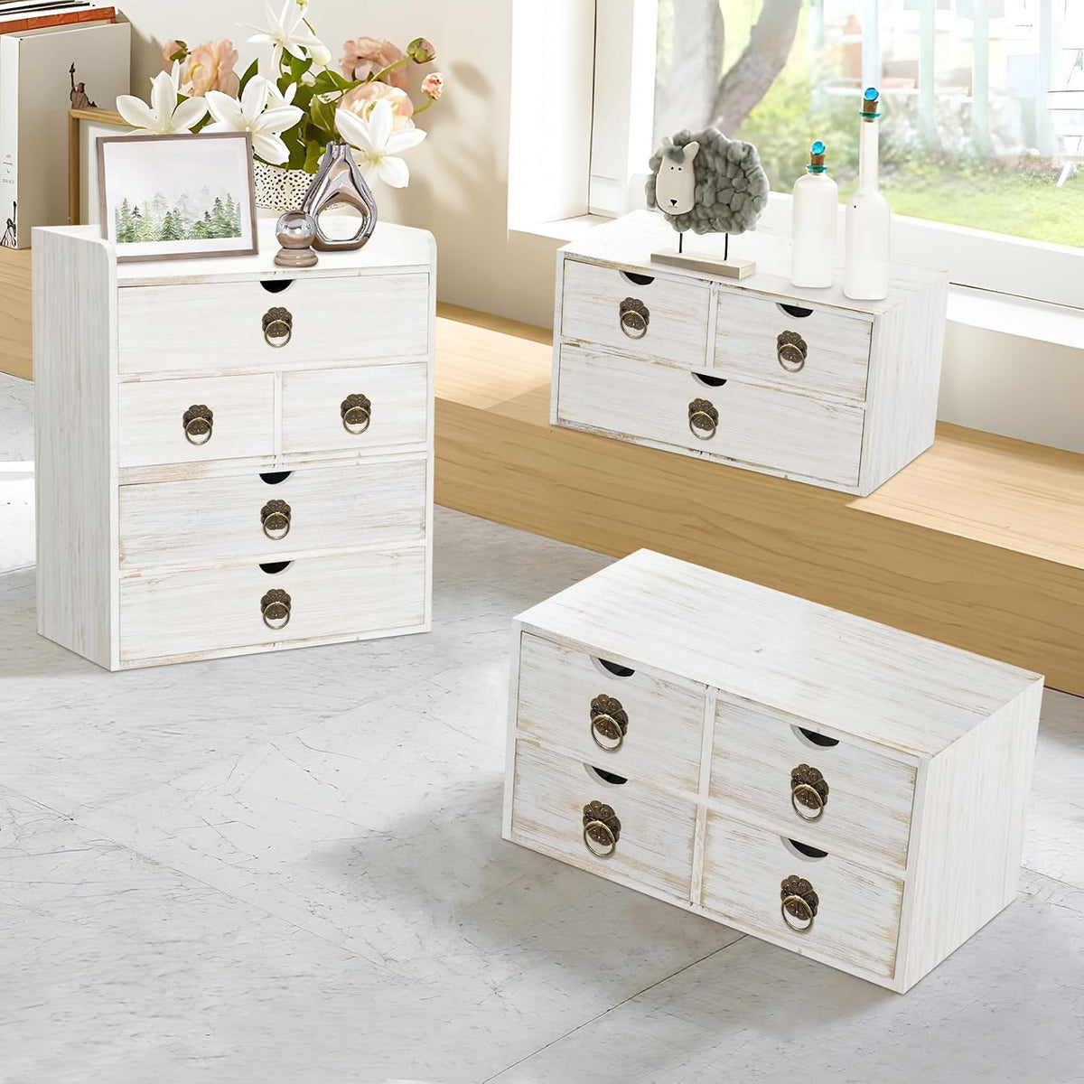 Wood Desk Organizer with Drawer, White Wooden Desktop Organizer, Tabletop Storage Organization Box for Countertop, Home Office Supplies, 13.5x6.6x8.2 Inch(3 Drawer and Shelf)