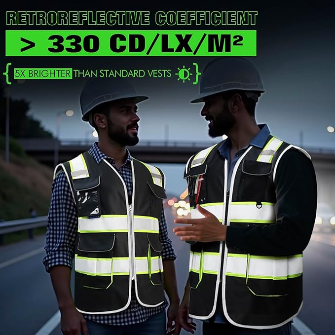 BeautyWill ANSI Certified Custom Logo Safety Vest 8-Pockets Class2 High Visibility Reflective Vest for Men - Personalized Logo Heavy-Duty Work Vest（Black，5Pack，XXL）