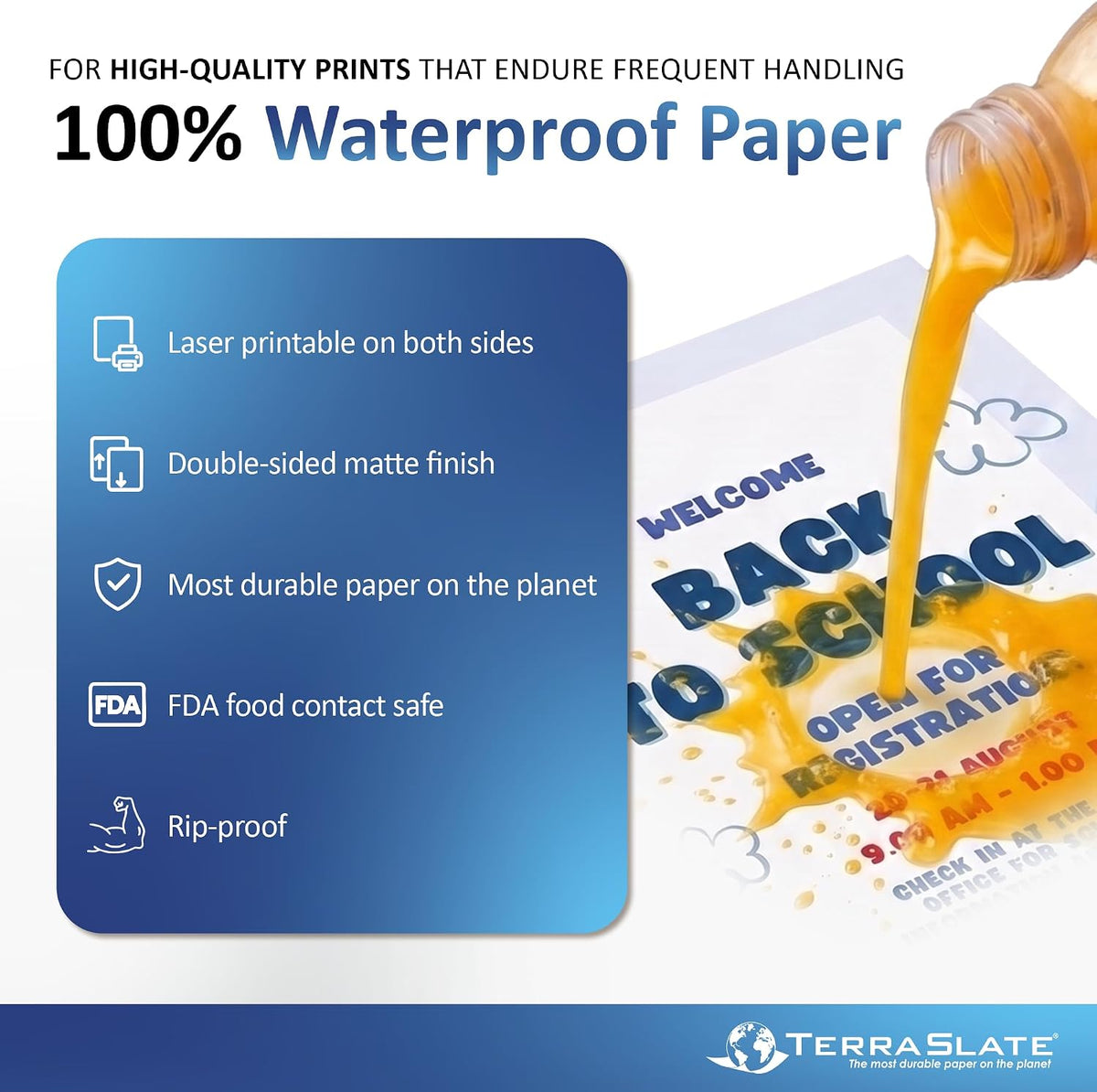 TerraSlate Waterproof Rip-Proof Paper, 5 Mil 8.5" x 14", Legal Size, White,100 Sheets I Rain/Weather/Rip-Proof Printing, Laser Printer and Laser Copier Compatible
