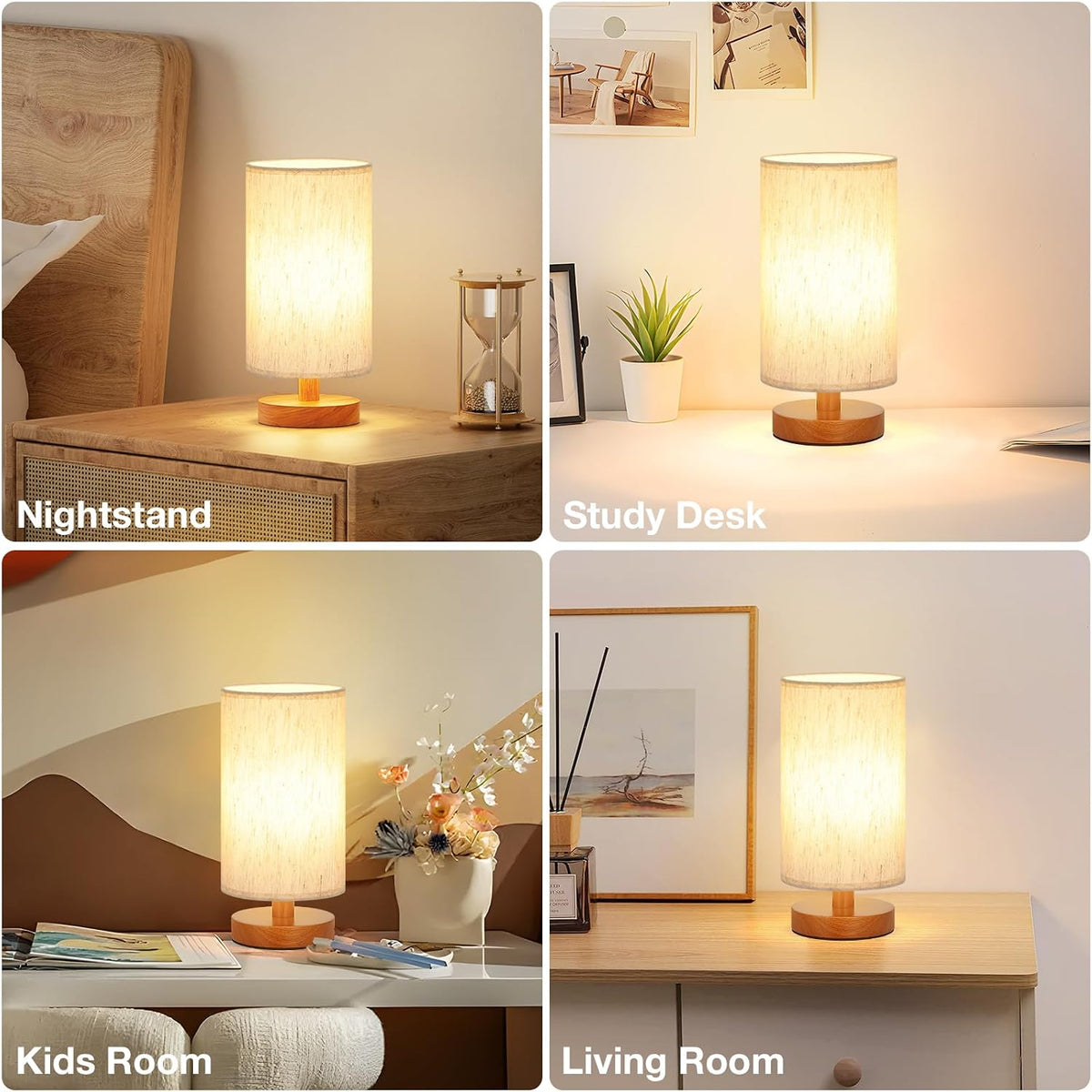 Desk Small Lamps Set of 2 (Cream Shade - Walnut Base, 9" Inline Control)