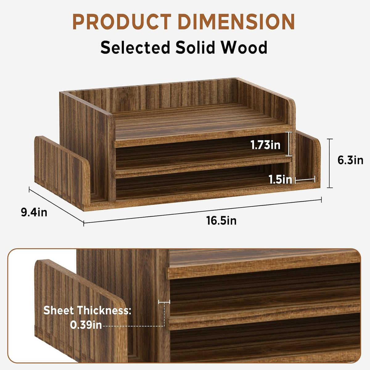 Wooden Desk Organizer, 3-Tier Paper Trays with 2 Mail Sorters, Dark Brown