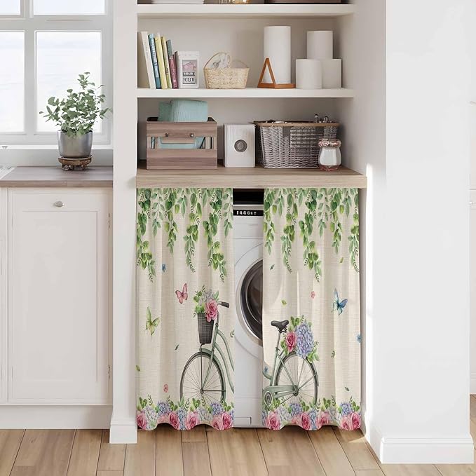 Farmhouse Spring Tier Curtains, Retro Bicycles Flowers Vines Butterfly Light