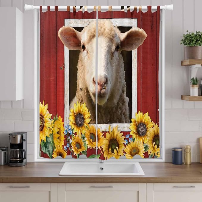 Sheep Sunflower Living Room Curtains 84 Inch Length, Window Curtains Tab Top