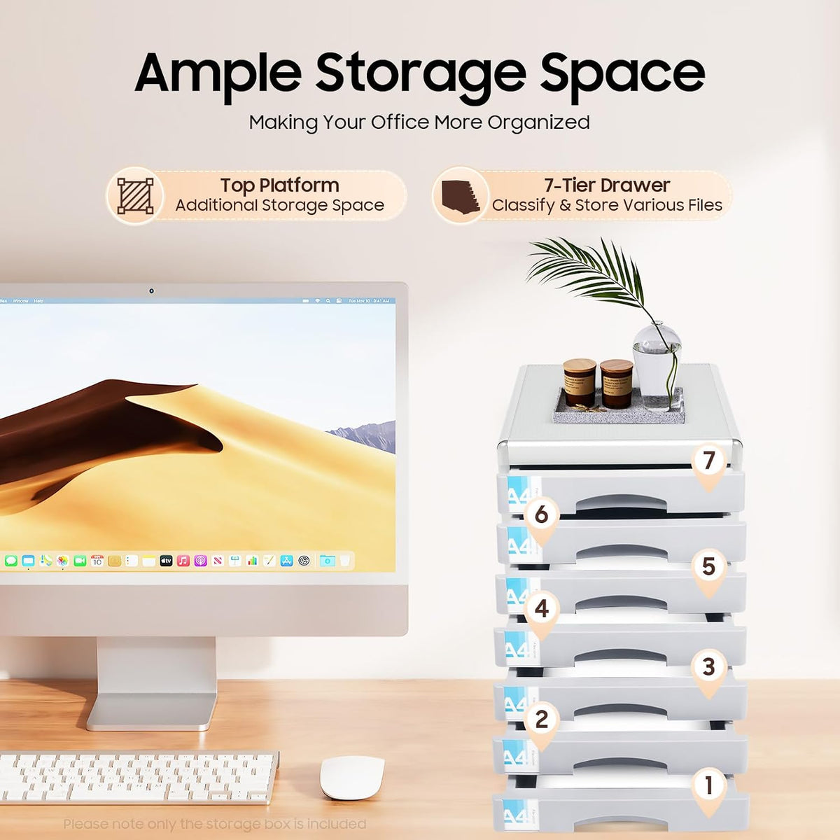 Desk Organizer with 7 Drawers, Metal Desktop Storage Cabinet File Holder with Locks and Keys, Filing Case Literature Organizer for Office Home, L11.8*D14*H16in, Silver & Grey