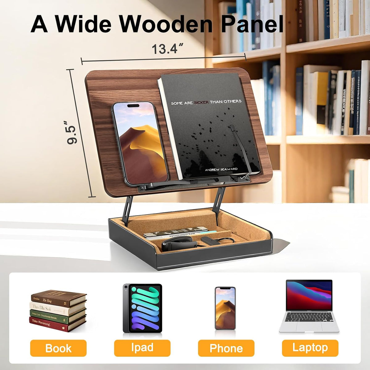 Book Stand with Storage, Book Holder for Reading Hands Free