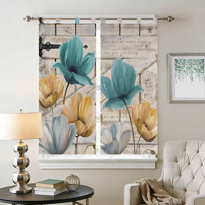 Watercolor Flowers Bedroom Curtains 72 Inch Length, Window Curtains Tab Top