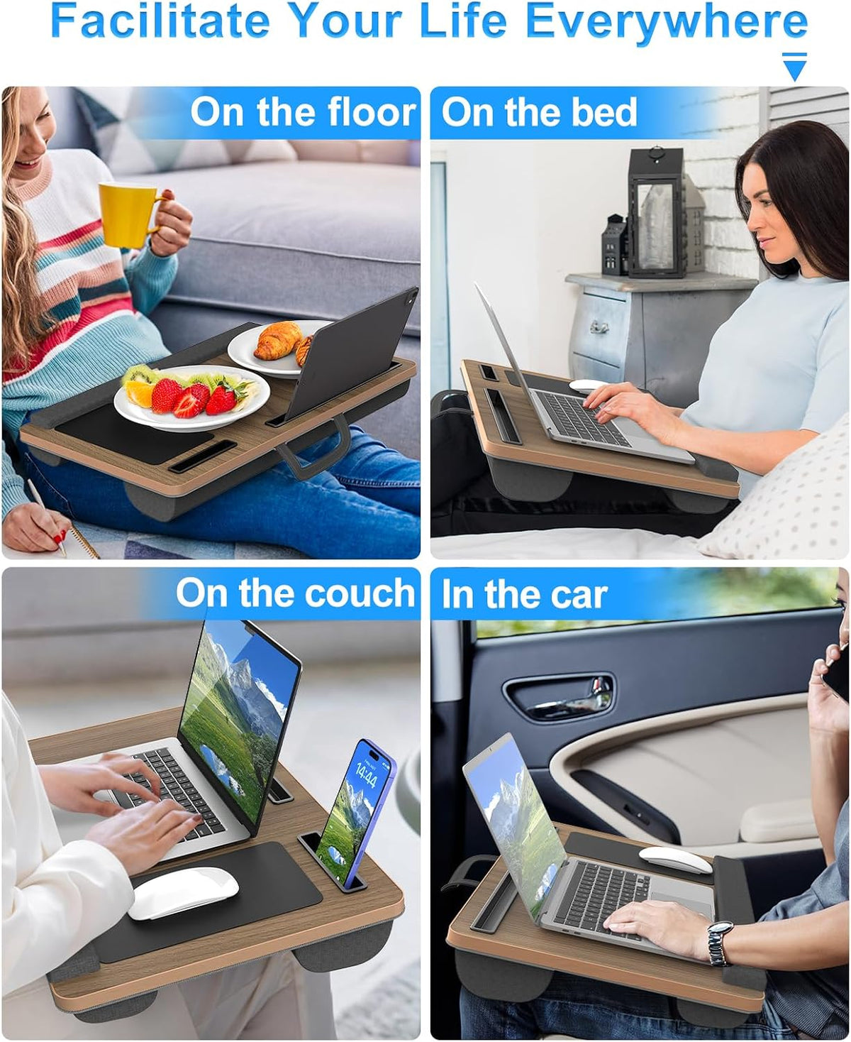 HETTHI Laptop Lap Desk, Portable Large Laptop Desk for Bed, Up to 17 in Lap Table with Wrist Rest, Mouse Pad, Tablet Phone Slot, Portable Handle, Cushion (Dark Brown Woodgrain)