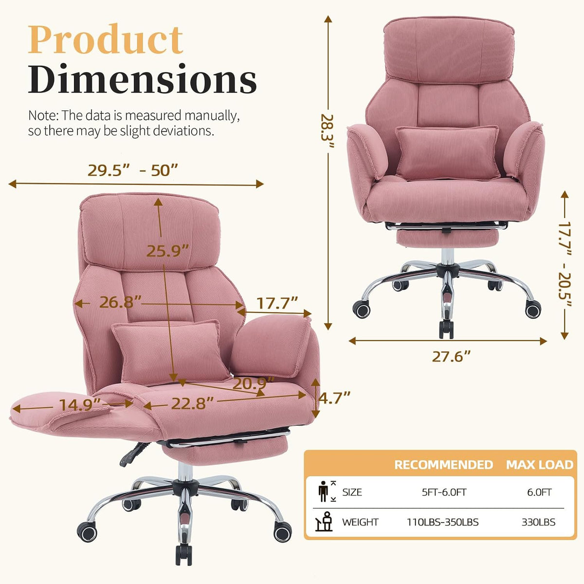 Criss Cross Office Chair with Footrest - 5-Gear Flat Armrests Corduroy Desk Chair, Reclining Wide Ergonomic Computer Chair with Lumbar Pillow, High Back Swivel Vanity Chair