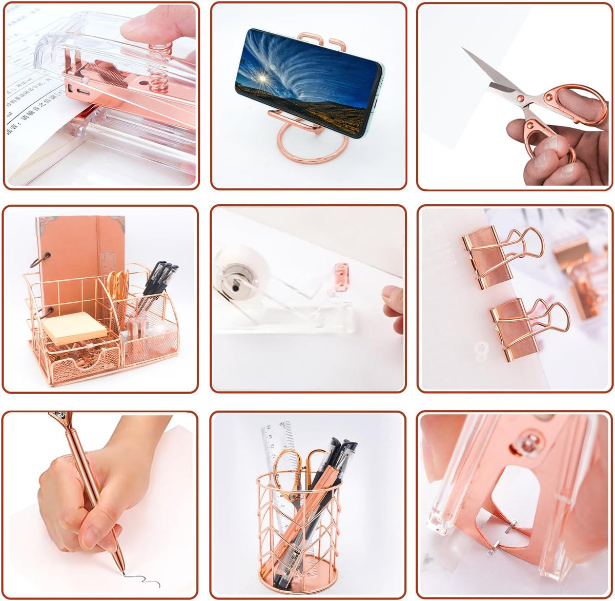 Rose Gold Desk Organizers and Accessories,Office Supplies Set,13PS Set with Acrylic Stapler,Tape Dispenser,Staple Remover,Pen Holder,Clips,Scissor, Phone Holder,Pen