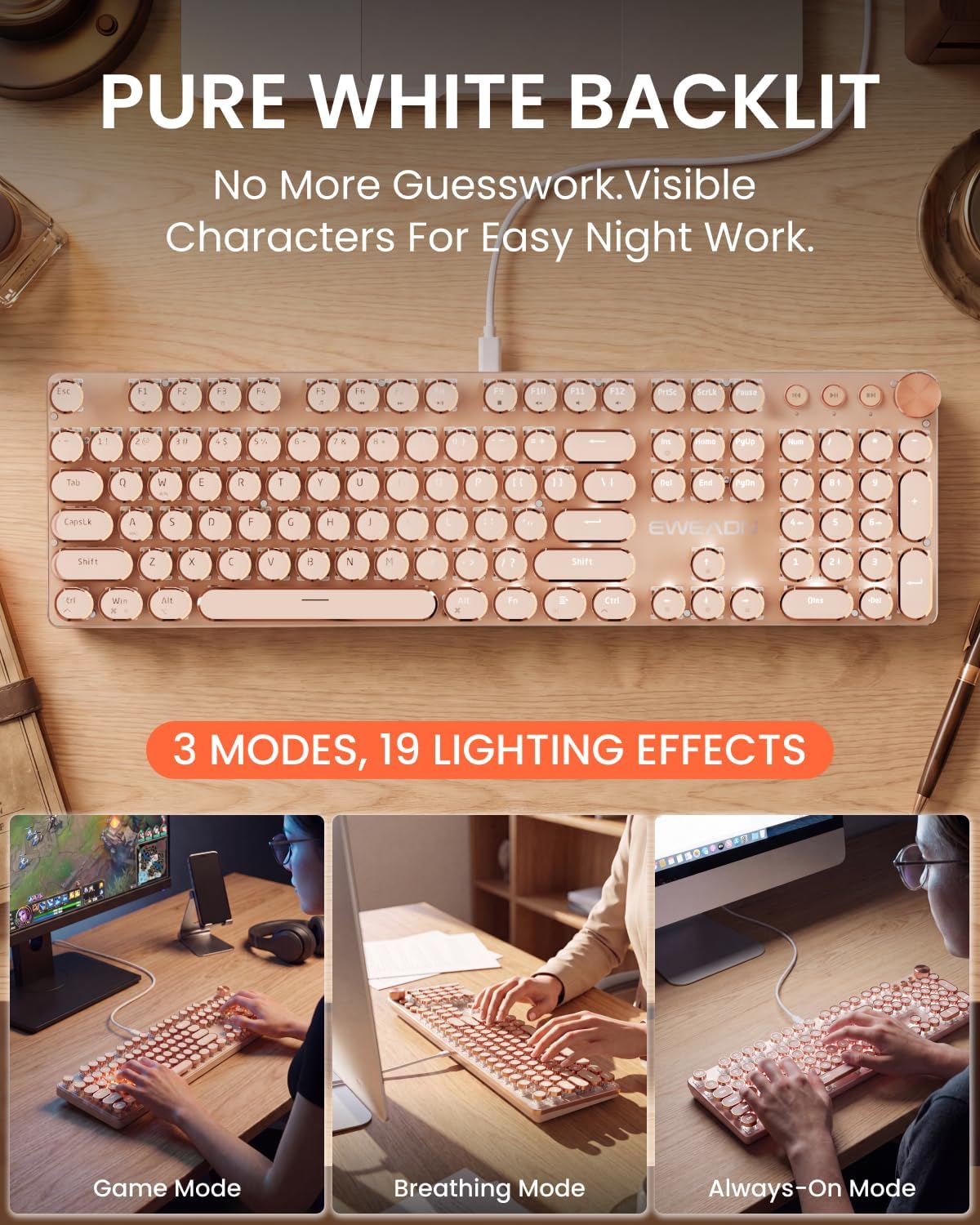 Wired Typewriter Keyboard and Mouse Combo, White Backlit, Soft Clack, Knob