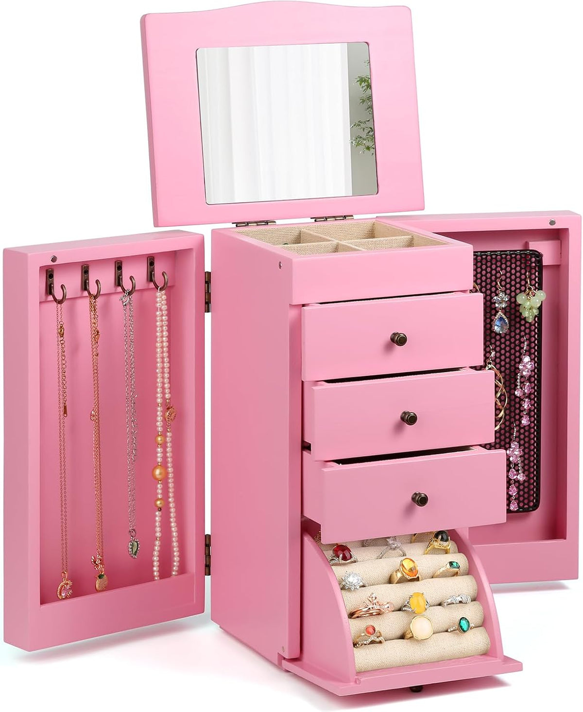 Meangood Jewelry Box Jewelry Organizer, 5-Layer Wooden Jewelry Organizers and Storage Boxes for Women Girls, Ring Earring Bracelet Necklace Holder Organizer with Mirror & Drawers (Pink)