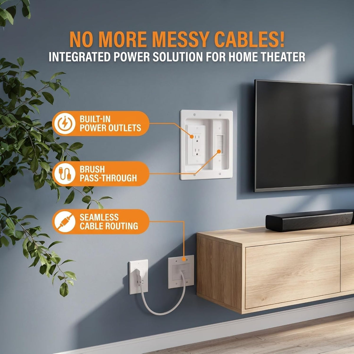 Wall Cable Management Kit, with 9ft Power Cord, Brush Wall Plate & Bracket