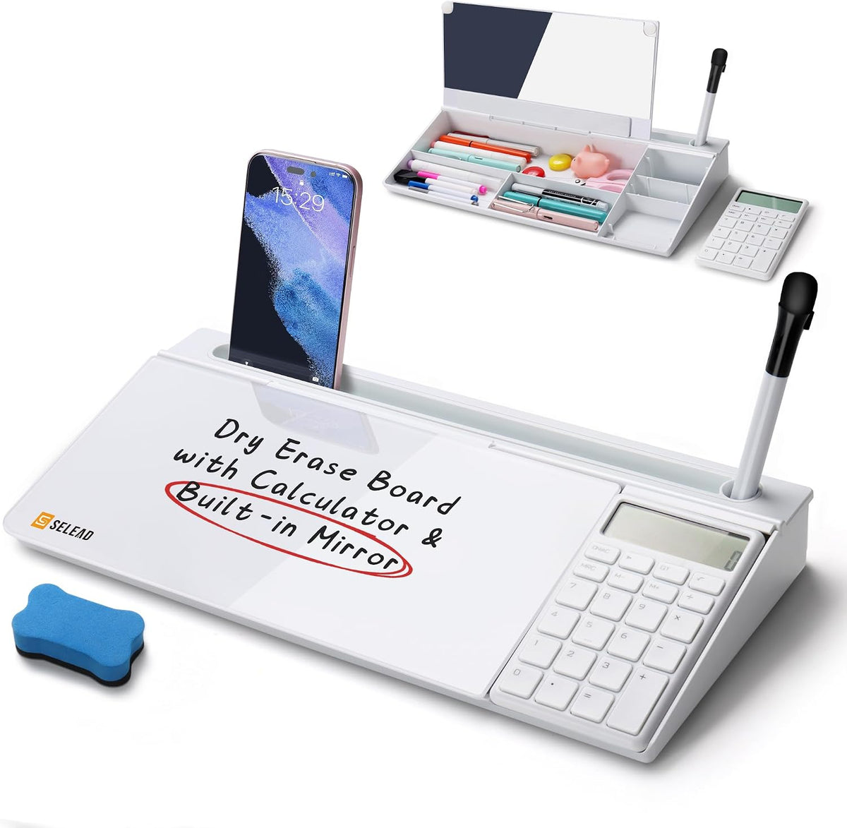 SELEAD Desktop Glass Whiteboard with Calculator & Built-in Mirror, White