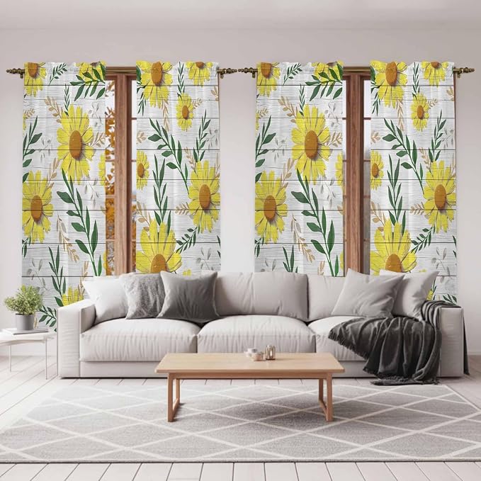 Yellow Daisy Kitchen Curtains, Farmhouse Country Flower Leaf Plant Wood Grain