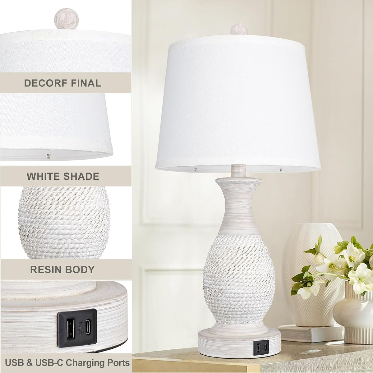 PARTPHONER Table Lamps Set of 2, Bedside Touch Lamp with USB C+A Charging Ports, Side Table Lamp with White Fabric Shade (LED Bulbs Included)
