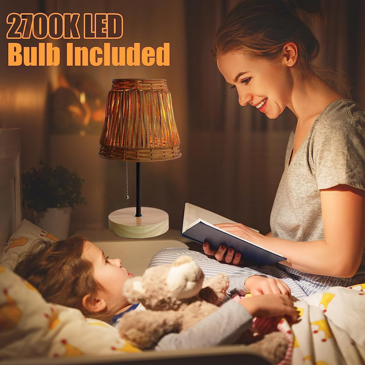 Handmade Boho Rattan Bedroom Small Table Lamp,with Brown Rattan Lamp Shade (Brown) with Pull Chain Lamp Holder,E26 Bulb Included