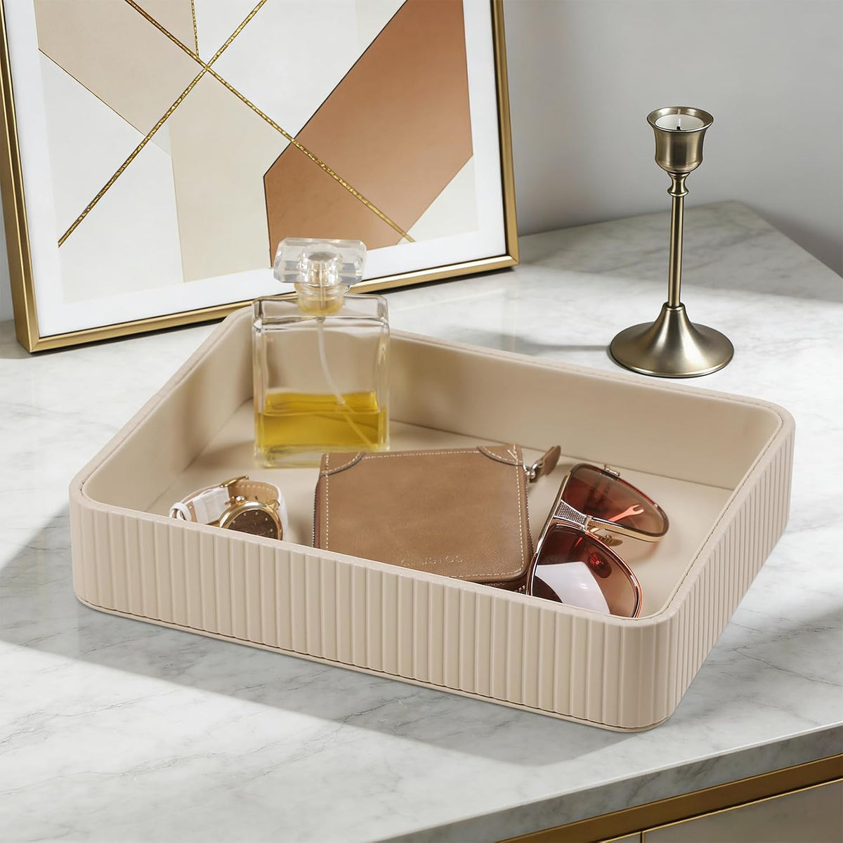 Desk Organizer Tray, PU Leather Nightstand Organizer, Beige 2-Pack