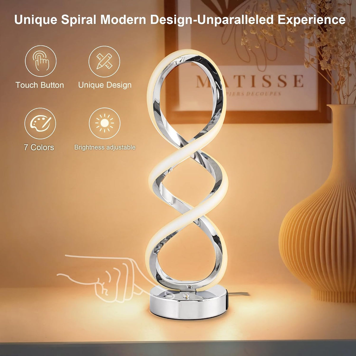 Modern Spiral LED RGB Table Lamp, Dimmable Touch, Small Nightstand Lamp