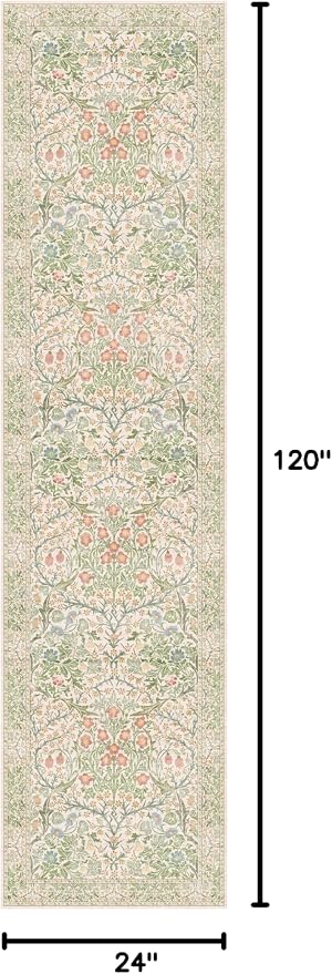 Washable Beige Green 2x10 Runner Rug