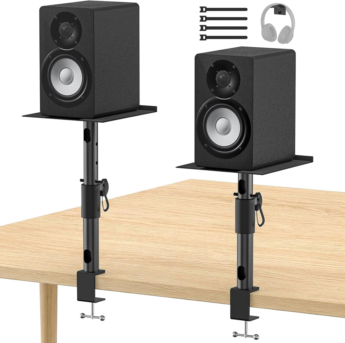 Clamp-On Desktop Speaker Stand Pair, Heavy-Duty 9.3" x 8.9 Plate for Edifier, KRK, Klipsch, Yamaha, Samsung HW-Q Series, Height&Angle Adjustable Bookshelf Speaker Stands, Built-in Cable Management