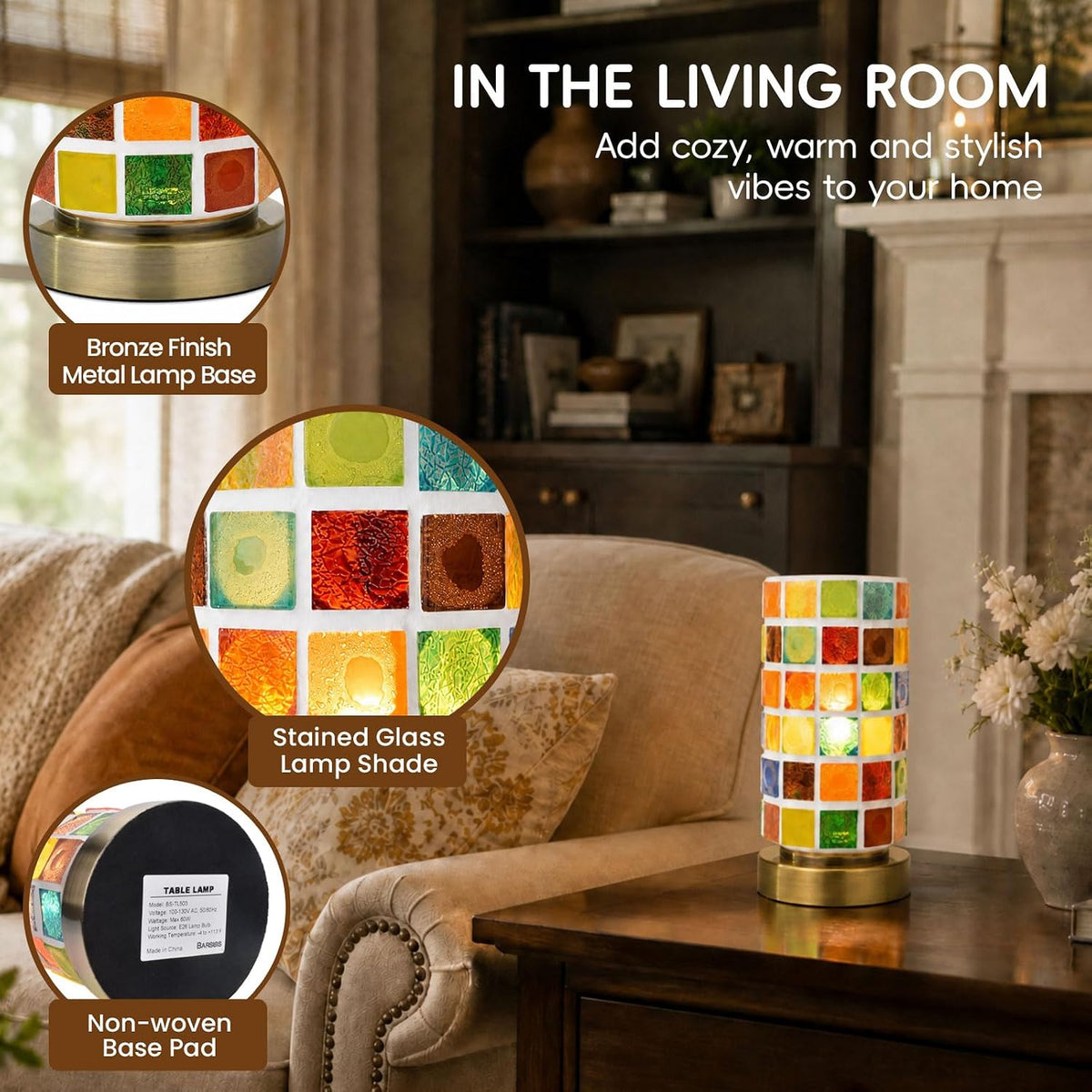 Mosaic Stained Glass Table Lamp for Bedroom Bedside, Bohemian Turkish Small Nightstand Lamp Night Light, Metal Base Round Colored Glass Shade Desk Lamp for Living Room Restaurant Bar (Bulb Included)