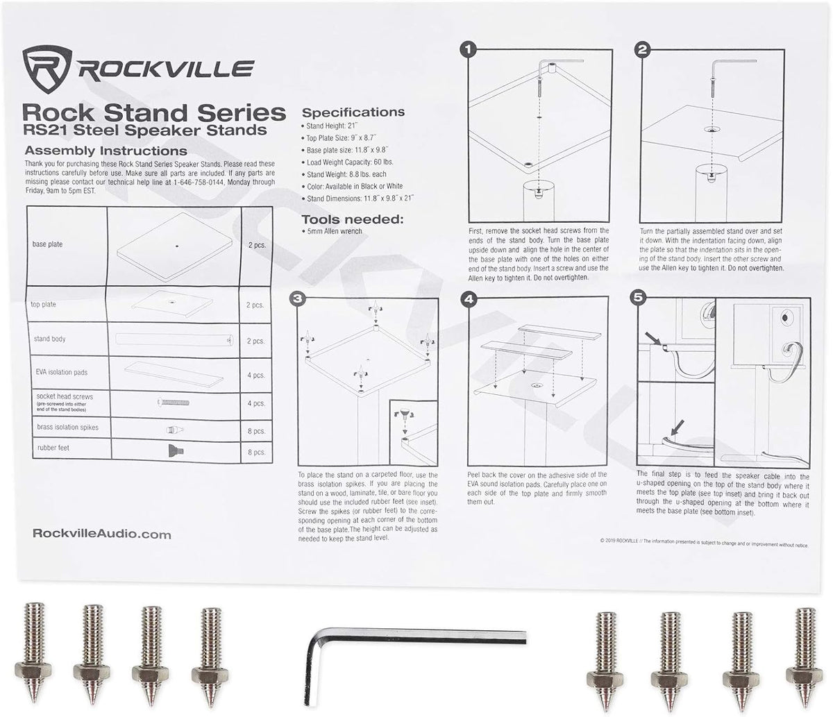Rockville RS21B V2 Pair 21" Steel Bookshelf Speaker/Monitor Stands, Black