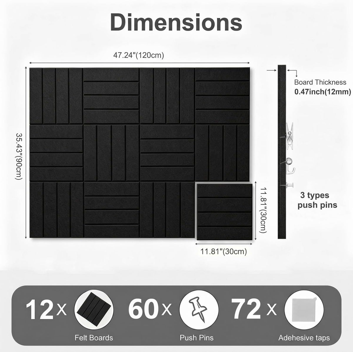 0.47" Thick Felt Wall Tiles 48"x36" Cork Board Alternative 12 Pack 11.81"x11.81"Felt Bulletin Board Pin Board with Removable Adhesive Tape&60 Pushpins for Home Office School(Bold-Black)