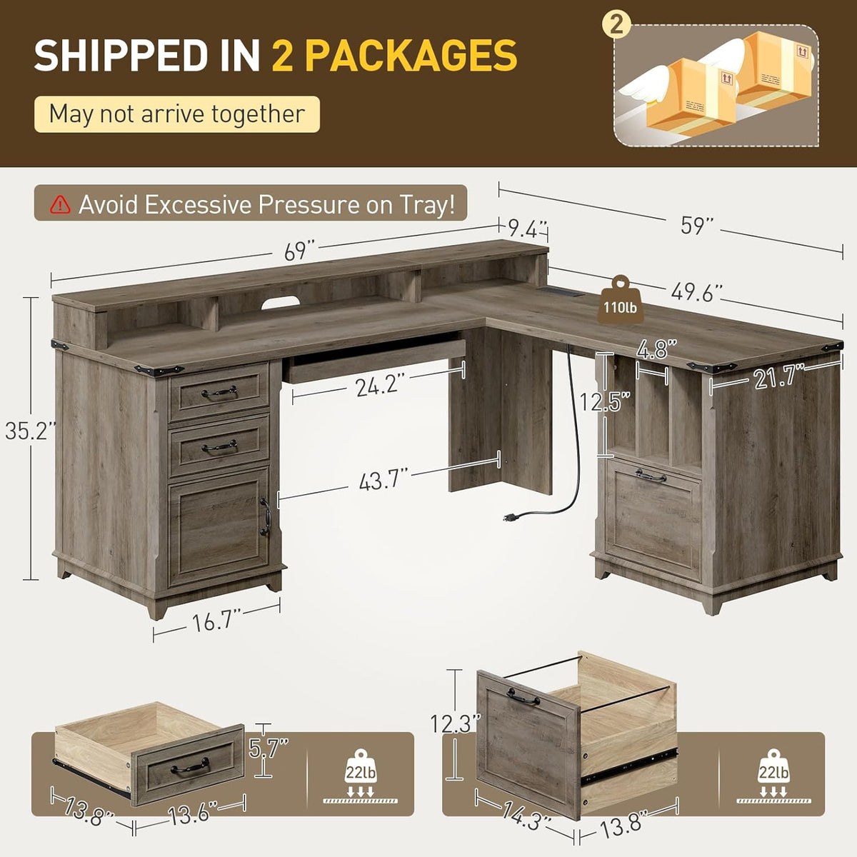 RALGEND 2 Pack Farmhouse 69" L Shaped Office Desk with Drawers