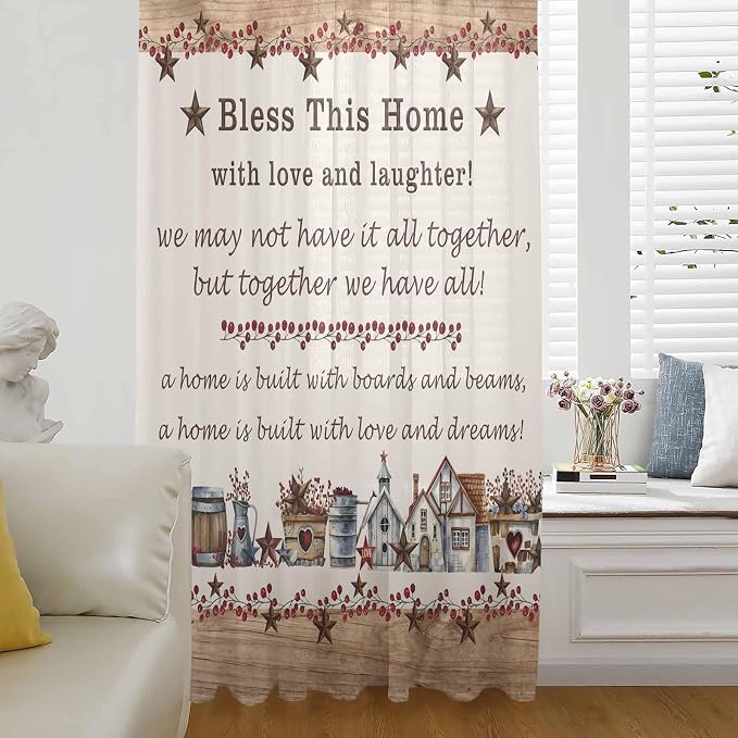 Farmhouse Sheer Curtains 45 Inch Length Country Star Barn Berry Brown Wood