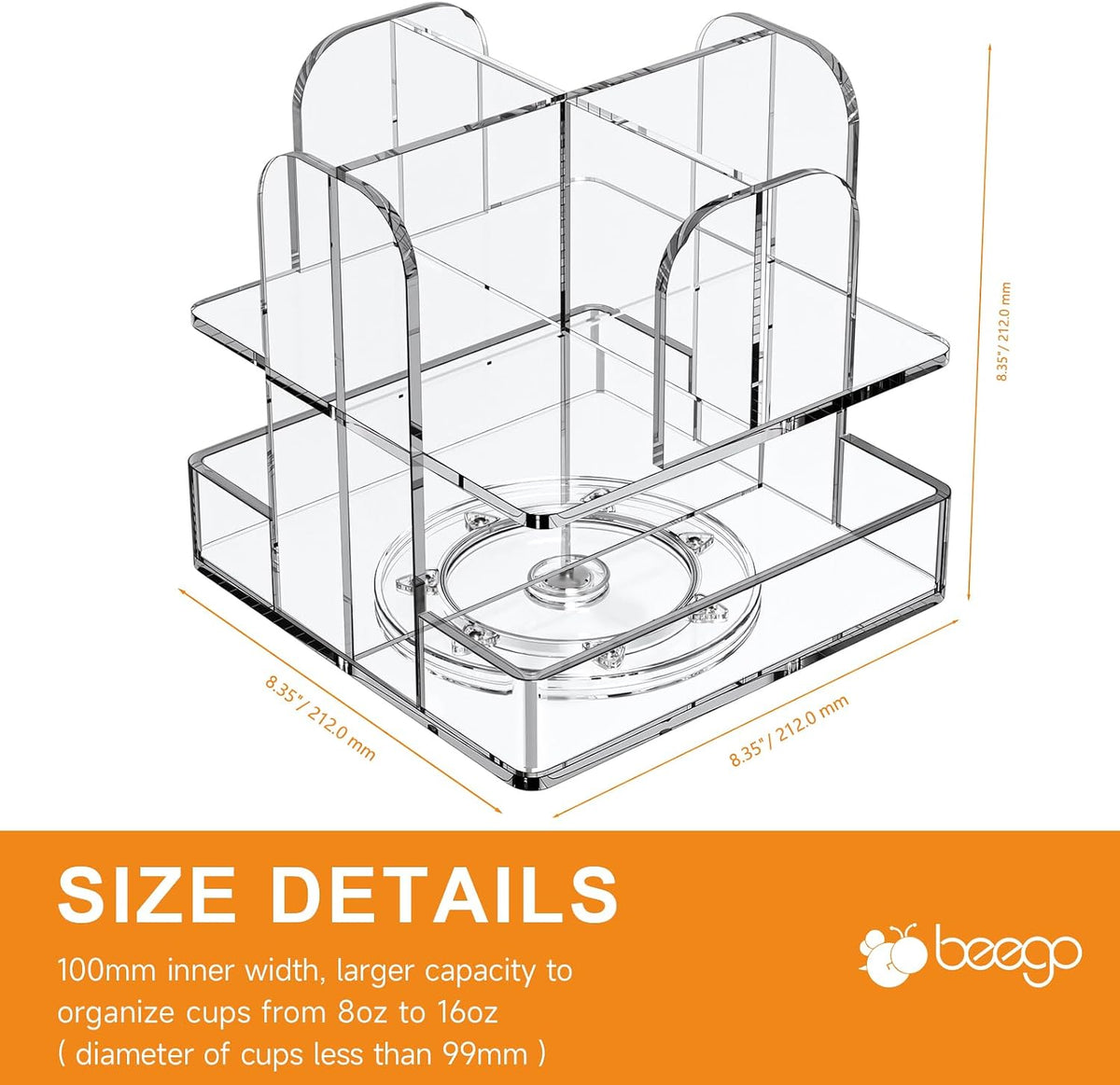 Beego Rotatable 6 Compartment Clear Acrylic Cup Dispenser - Coffee Station Cup and Lid Carousel Countertop Plastic Cup Holder for Restaurant Breakroom Coffee Bar