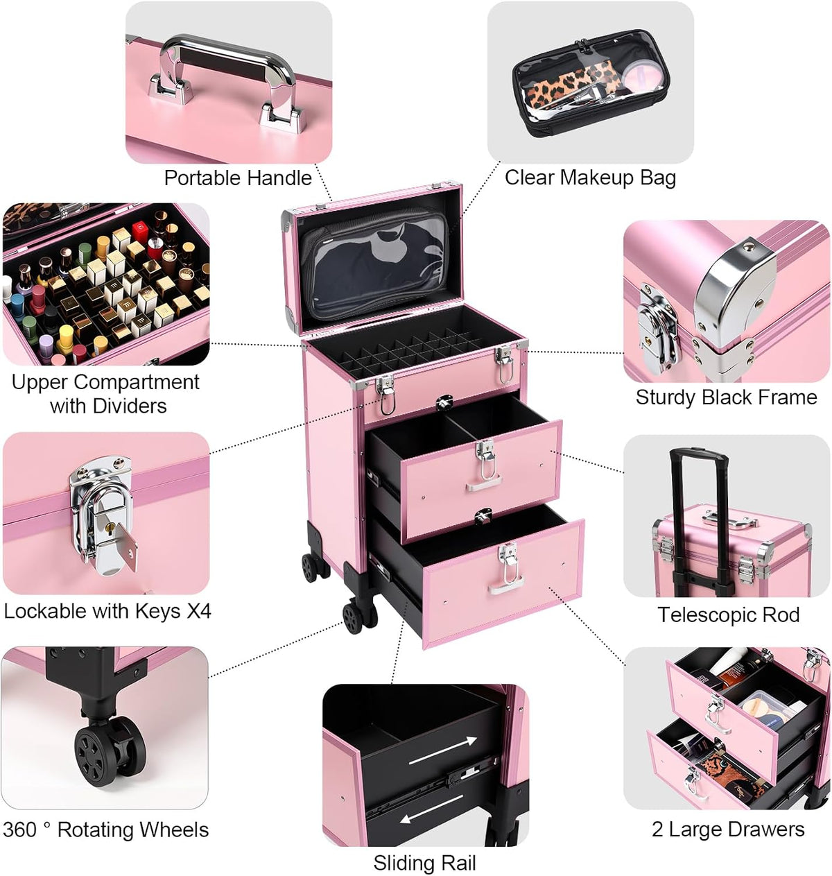 3 in 1 Rolling Makeup Case, Professional Cosmetology Case on Wheels, Detachable Clear Makeup Bag & Nail Polish Organizer, Portable Makeup Trolley with Drawers for Makeup Artists & Nail Technicians