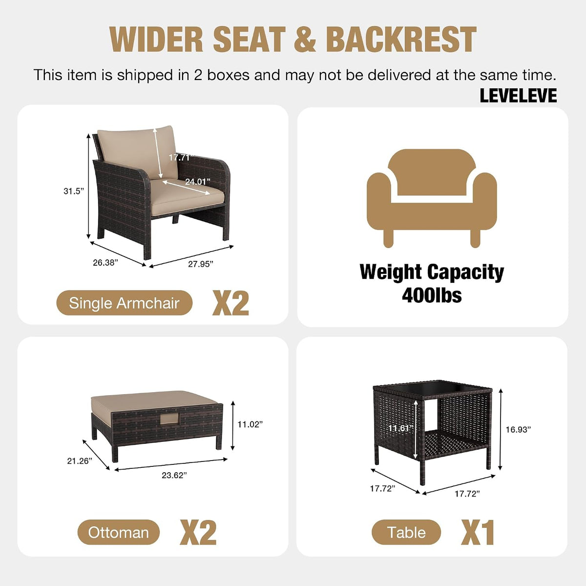 LEVELEVE Patio Conversation Set 5 Piece, Balcony Furniture Outdoor PE Rattan Wicker Lounge Chairs with Soft Cushions, 2 Ottomans & Glass Table for Porch Lawn, Brown (Khaki Cushions