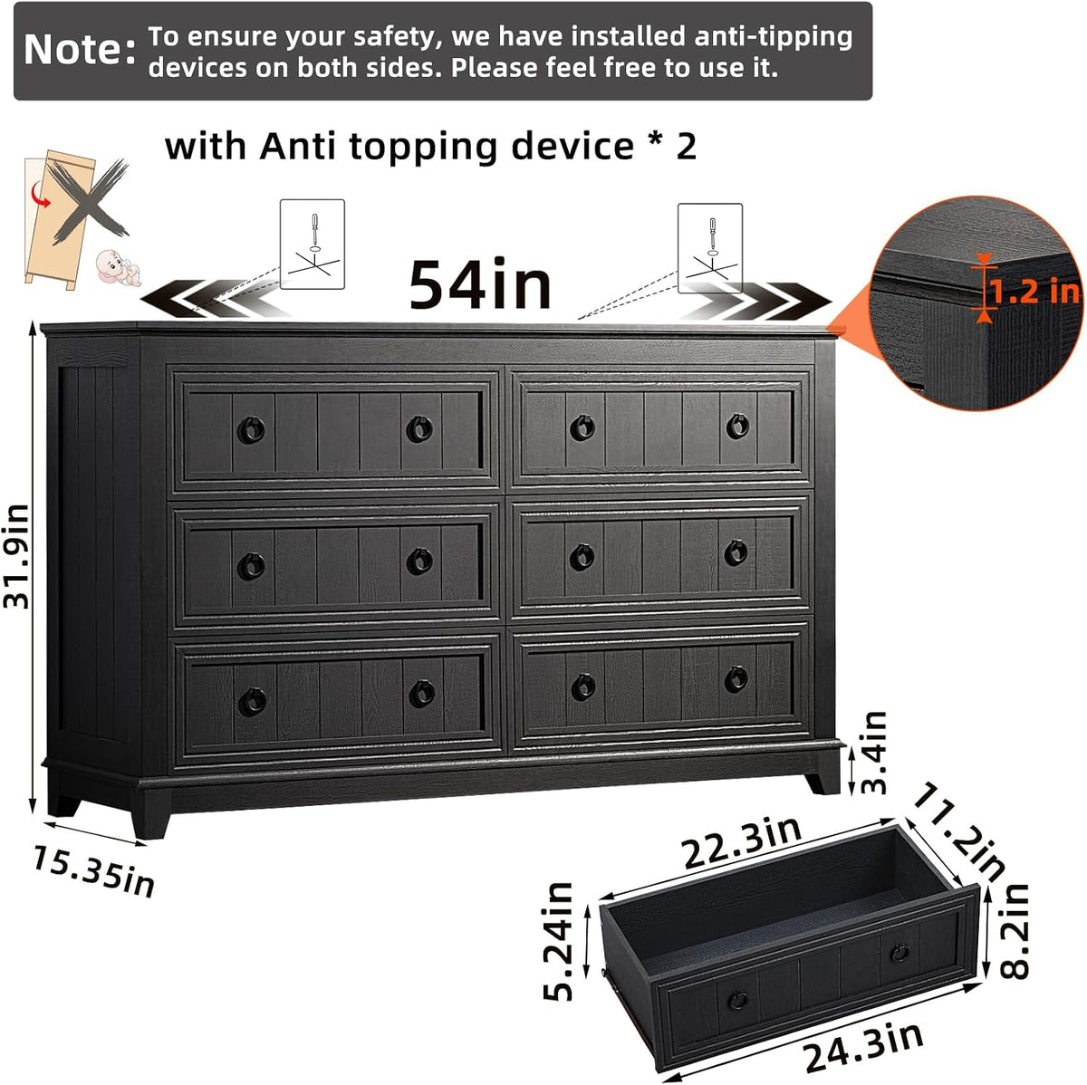 Joaxswe 54'' Dresser for Bedroom, Farmhouse 6 Drawers Dressers