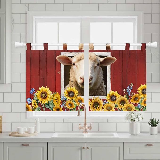 Sheep Sunflower Kitchen Curtains 24 Inch Length, Small Window Curtains Tab Top