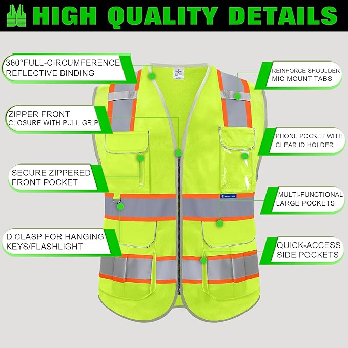 BeautyWill Custom Logo Safety Vest 8 Pockets Class2 ANSI Certified High Visibility Reflective Vest for Men - Personalized Logo Heavy-Duty Work Vest（Yellow，M）