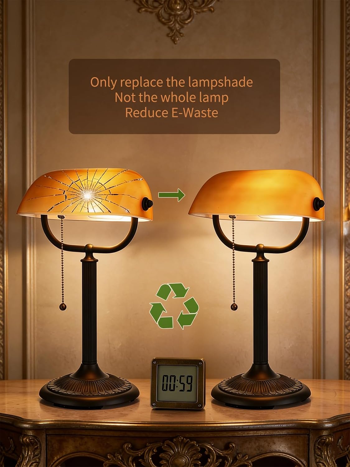 1-Minute Quick-Change Shade Matted Amber Glass Bankers Desk Lamp