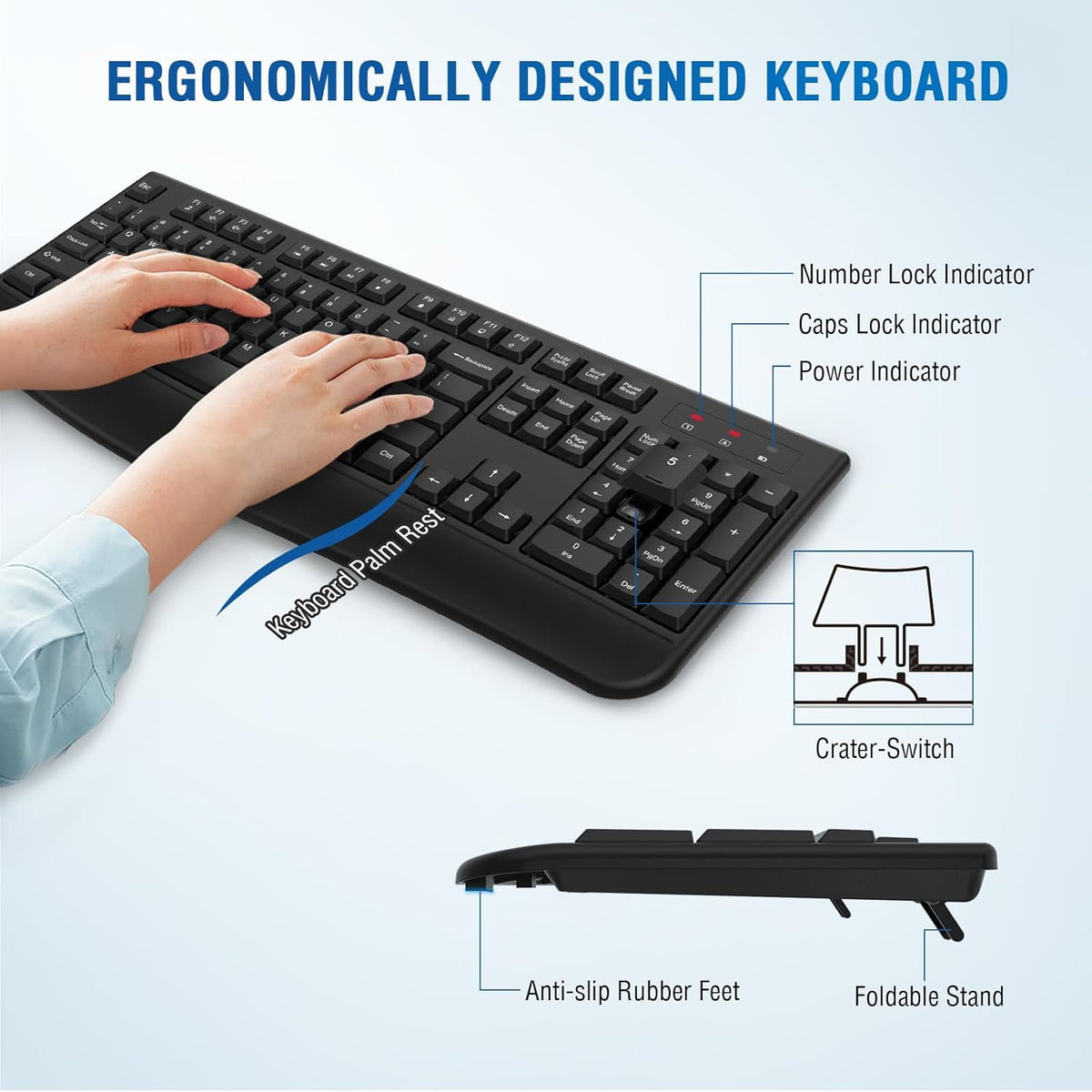 Wireless Keyboard and Mouse Combo, Full-Sized 2.4GHz Wireless Keyboard with Comfortable Palm Rest and Optical Wireless Mouse for Windows, Mac OS PC/Desktops/Computer/Laptops (Black)