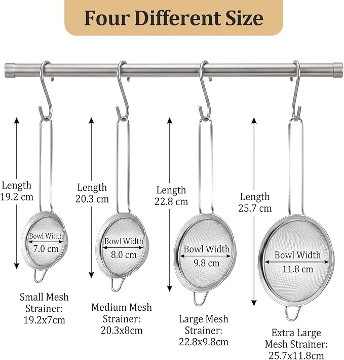 4PCS Fine Mesh Strainer Set, Stainless Steel Kitchen Sieve