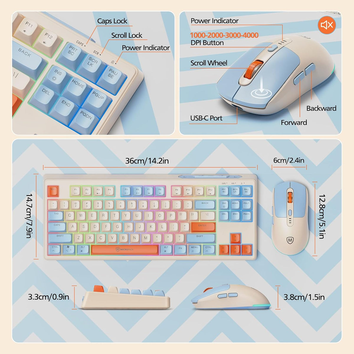 2.4G Wireless Keyboard and Mouse Combo, RGB Backlit Keyboard Mouse Set for Windows, Android & MacOS, Aesthetic Keyboard Mouse with USB & Type-C Dongle for PC Computers, Macbooks, Laptops, Ivory
